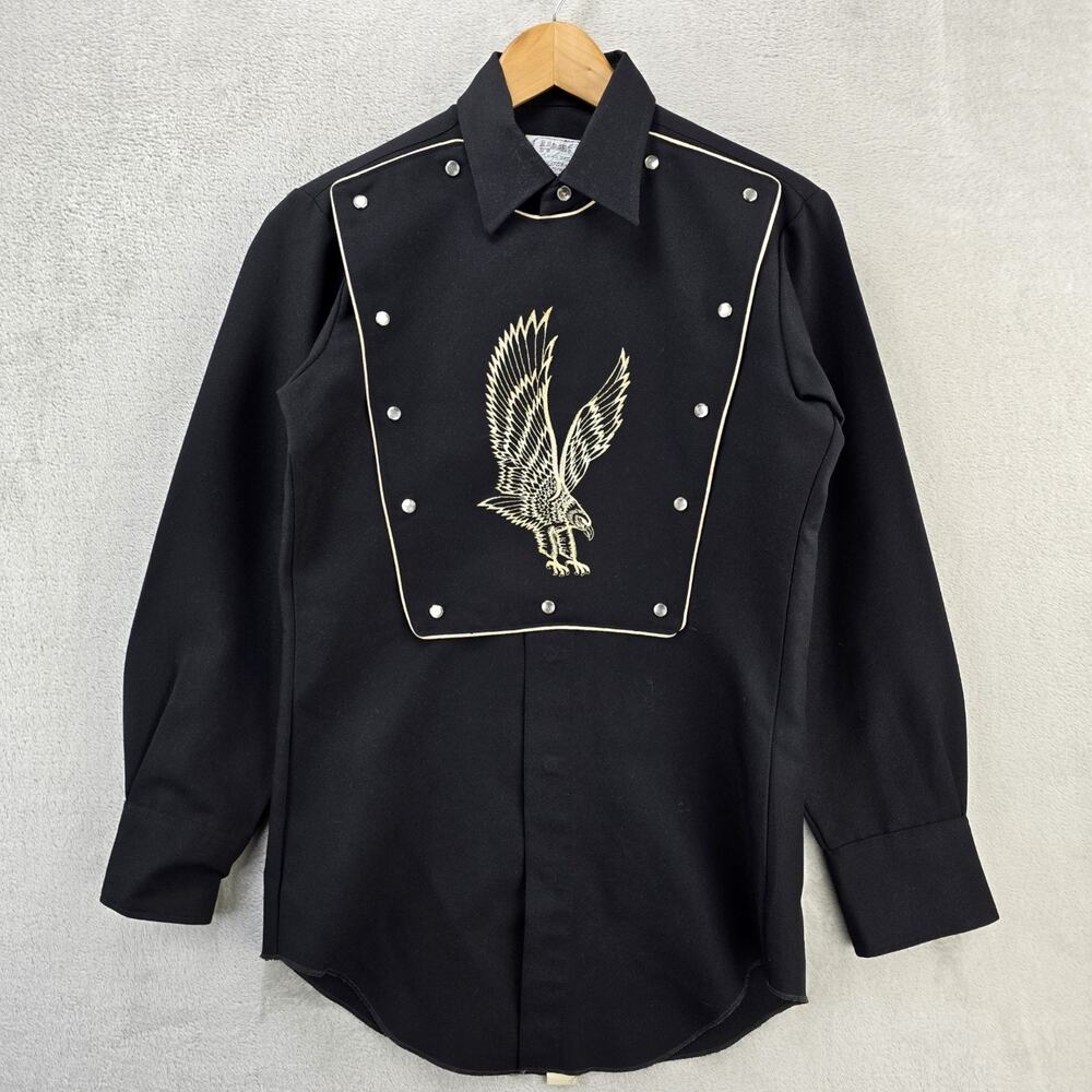Vintage H Bar C Shirt Mens 14.5 Black Western Bib Eagle Pearl Snap Western Ranch